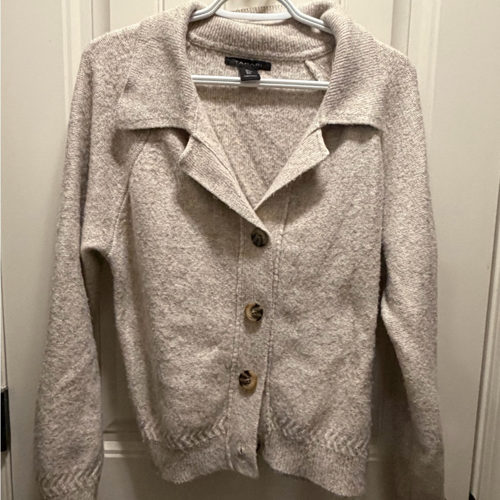 Tahari Beige Button-Up Cardigan